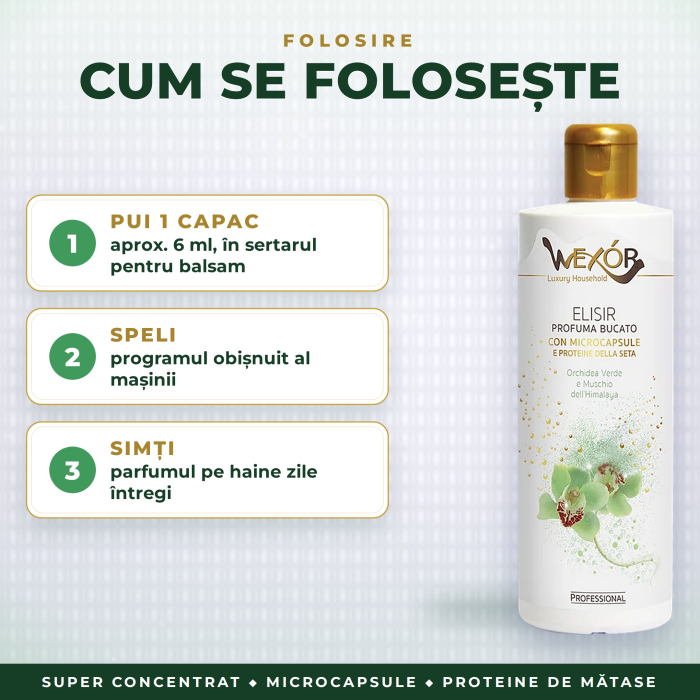 PARFUM PENTRU RUFE SUPER CONCENTRAT cu MICROCAPSULE și PROTEINE DE MĂTASE, ORHIDEE VERDE & MOSC ALB – Wexor, DOZAJ 1 capac (6 ml)/spălare, 200 ml [2]