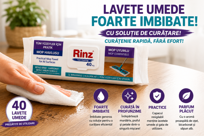 RINZ LAVETE UMEDE FOARTE IMBIBATE CU SOLUTIE PENTRU PARDOSELI (Otet alb, bicarbonat de sodiu, parfum de sapun alb)  40BUC COMPATIBILE CU ORICE MOP CU  SERVETELE UMEDE. [2]