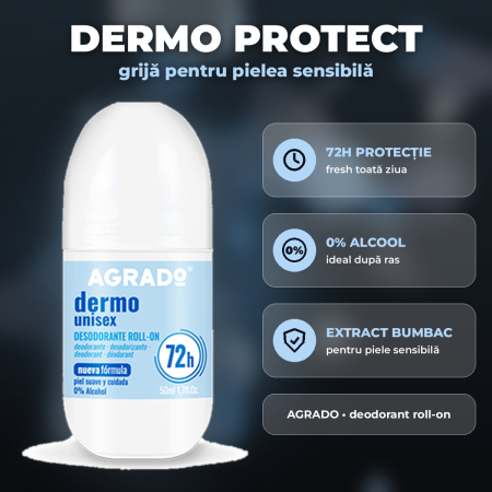 DEODORANTE - AGRADO – Deodorant antiperspirant ROLL-ON DERMO PROTECT, pentru PIELE SENSIBILĂ, 50 ml