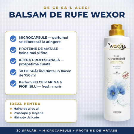 BALSAM DE RUFE PROFESIONAL cu MICROCAPSULE și PROTEINE DE MĂTASE, parfum FELCE MARINA & FIORI BLU – Wexor, 30 SPĂLĂRI, 750 ml [2]