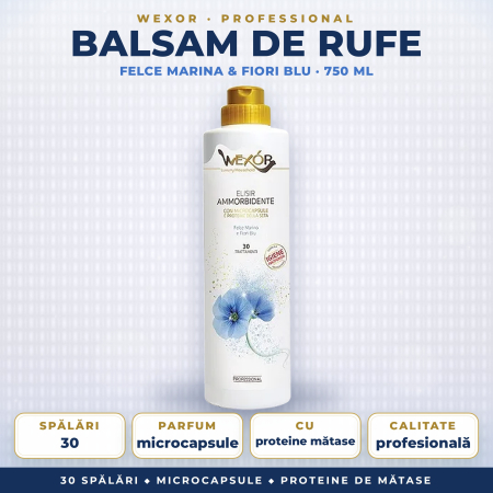 RUFE - BALSAM DE RUFE PROFESIONAL cu MICROCAPSULE și PROTEINE DE MĂTASE, parfum FELCE MARINA & FIORI BLU – Wexor, 30 SPĂLĂRI, 750 ml