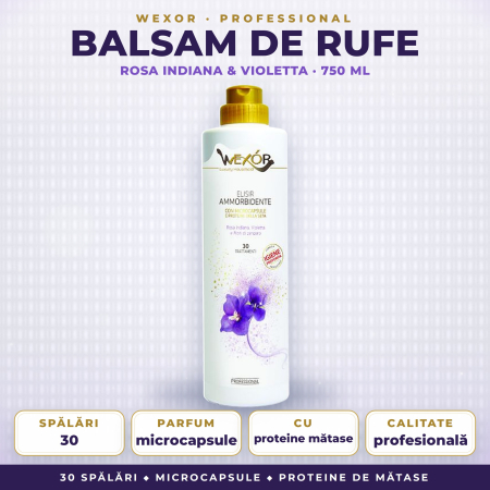 RUFE - BALSAM DE RUFE PROFESIONAL cu MICROCAPSULE și PROTEINE DE MĂTASE, parfum ROSA INDIANA & VIOLETTA – Wexor, 30 SPĂLĂRI, 750 ml