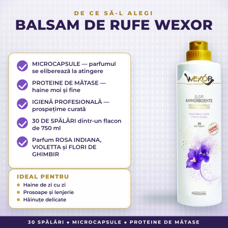 BALSAM DE RUFE PROFESIONAL cu MICROCAPSULE și PROTEINE DE MĂTASE, parfum ROSA INDIANA & VIOLETTA – Wexor, 30 SPĂLĂRI, 750 ml [2]