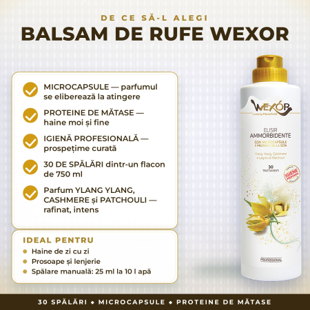 BALSAM DE RUFE PROFESIONAL cu MICROCAPSULE și PROTEINE DE MĂTASE, parfum YLANG YLANG & CASHMERE – Wexor, DOZAJ 25–55 ml/4–5 kg rufe, 30 SPĂLĂRI, 750 ml [2]