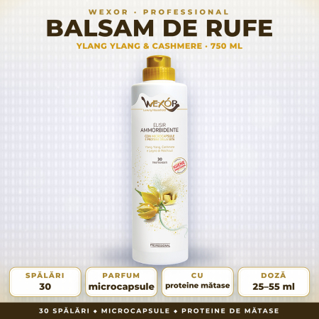 TOP BALSAM RUFE PROFESIONAL - BALSAM DE RUFE PROFESIONAL cu MICROCAPSULE și PROTEINE DE MĂTASE, parfum YLANG YLANG & CASHMERE – Wexor, DOZAJ 25–55 ml/4–5 kg rufe, 30 SPĂLĂRI, 750 ml
