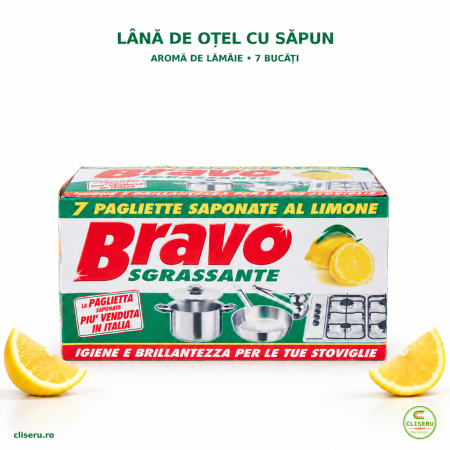BUCĂTĂRIE - BRAVO lână de oțel cu săpun, aromă de lămâie, 7 bucăți