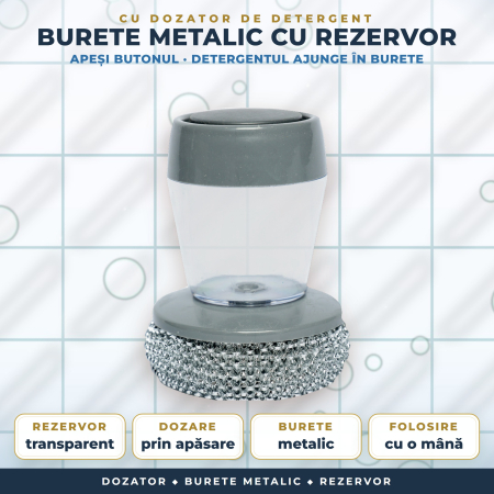 BURETI SI LANA DE OTEL - Burete metalic pentru vase cu rezervor de detergent și buton de dozare