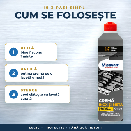 CREMĂ INOX și METALE cu TRATAMENT PROTECTOR, FĂRĂ ZGÂRIETURI – Misavan Micro Tech, aplicare pe LAVETĂ UMEDĂ, 500 ml [1]
