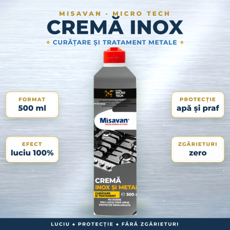 TOP PRODUSE CURATENIA CASEI - CREMĂ INOX și METALE cu TRATAMENT PROTECTOR, FĂRĂ ZGÂRIETURI – Misavan Micro Tech, aplicare pe LAVETĂ UMEDĂ, 500 ml