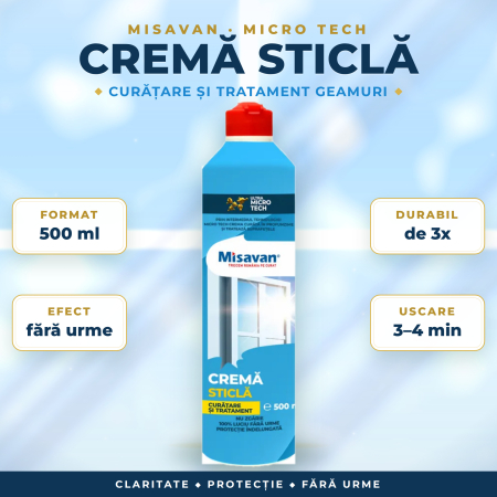 ARTICOLE CURATARE GEAMURI - CREMĂ TRATAMENT GEAMURI și OGLINZI, FĂRĂ URME, PROTECȚIE de 3x mai DURABILĂ – Misavan Micro Tech, strat subțire, uscare 3–4 min, 500 ml