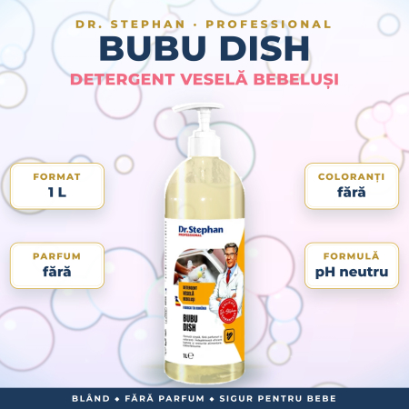 TOP PRODUSE CURATENIA CASEI - DETERGENT BIBEROANE și VESELĂ BEBELUȘI, FĂRĂ PARFUM și FĂRĂ COLORANȚI, pH NEUTRU – Dr. Stephan Bubu Dish, gata de utilizare, cu POMPIȚĂ, 1 L