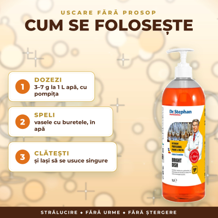 DETERGENT PAHARE, STICLĂ și CRISTAL, FĂRĂ URME, USCARE fără ȘTERGERE – Dr. Stephan Bright Dish, DOZAJ 3–7 g/1 L apă, cu POMPIȚĂ, 1 L [1]