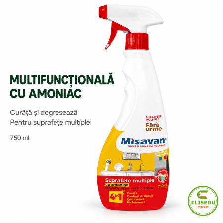 SOLUȚII MULTISUPRAFEȚE - MISAVAN 4 ÎN 1 – Soluție MULTIFUNCȚIONALĂ cu AMONIAC, curățare și degresare, 750 ml
