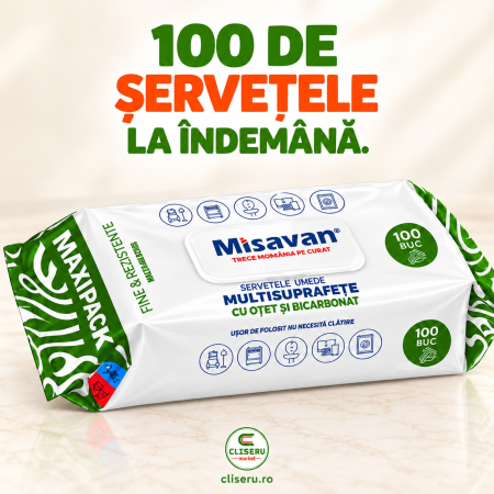 SOLUȚII MULTISUPRAFEȚE - Șervețele umede multisuprafețe Misavan oțet bicarbonat 100 bucăți