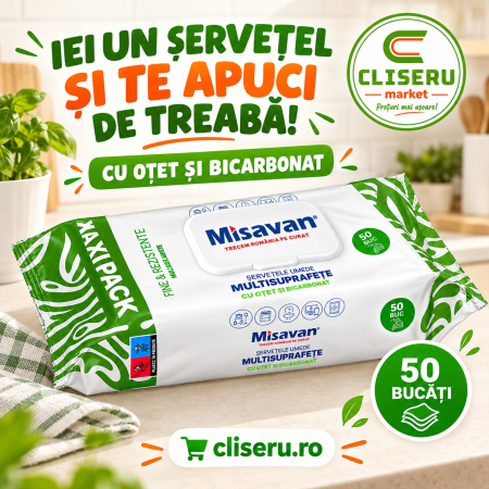 SOLUȚII MULTISUPRAFEȚE - Șervețele umede multisuprafețe Misavan oțet bicarbonat 50 bucăți