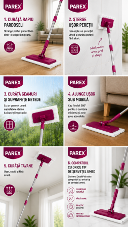 Mop cu Prindere Rapida PAREX QuickPick cu dimensiunea 25x11cm+ 10 servetele umede pentru curatare