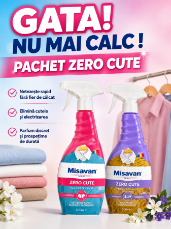 AZI NU CALC ! - PACHET SPRAY NETEZIRE CUTELE DE PE HAINE fara calcat, Zero Cute Harmony Misavan, 500 ml,/fara parfum, Zero Cute Misavan, 500 ml