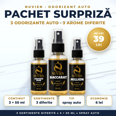 AUTO - PACHET SURPRIZĂ NUVIEN – 3 ODORIZANTE AUTO CONCENTRATE, 3 SORTIMENTE DIFERITE, SPRAY, 3 × 50 ml