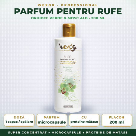 RUFE - PARFUM PENTRU RUFE SUPER CONCENTRAT cu MICROCAPSULE și PROTEINE DE MĂTASE, ORHIDEE VERDE & MOSC ALB – Wexor, DOZAJ 1 capac (6 ml)/spălare, 200 ml