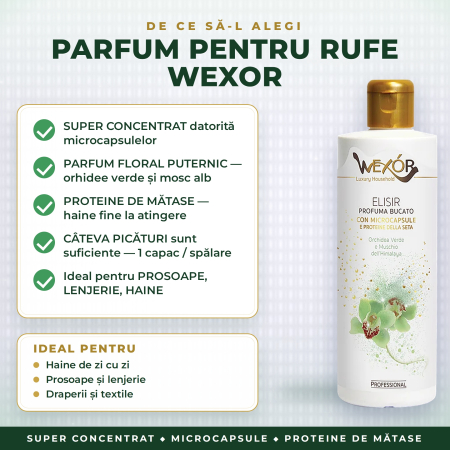 PARFUM PENTRU RUFE SUPER CONCENTRAT cu MICROCAPSULE și PROTEINE DE MĂTASE, ORHIDEE VERDE & MOSC ALB – Wexor, DOZAJ 1 capac (6 ml)/spălare, 200 ml [2]