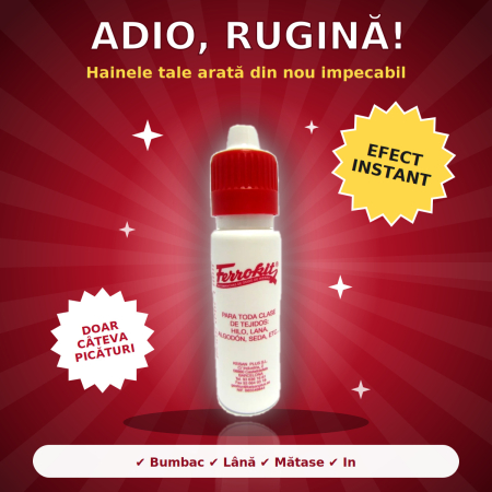 RUFE - FERROKIT – Soluție pentru PETE DE RUGINĂ de pe toate tipurile de țesături, 15 ml