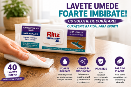 RINZ LAVETE UMEDE FOARTE IMBIBATE CU SOLUTIE PENTRU PARDOSELI (Otet alb, bicarbonat de sodiu, parfum de sapun alb)  40BUC COMPATIBILE CU ORICE MOP CU  SERVETELE UMEDE. [1]