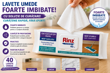 SERVETELE/LAVETE UMEDE - RINZ LAVETE UMEDE FOARTE IMBIBATE CU SOLUTIE PENTRU PARDOSELI (Otet alb, bicarbonat de sodiu, parfum de sapun alb)  40BUC COMPATIBILE CU ORICE MOP CU  SERVETELE UMEDE.