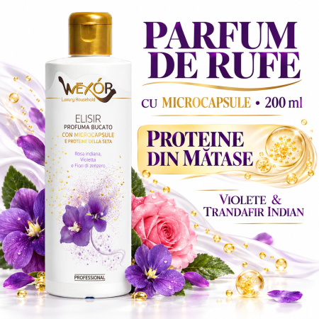 RUFE - WEXOR PARFUM DE RUFE CU MICROCAPSULE și PROTEINE DIN MĂTASE – Violete & Trandafir Indian, 200 ml