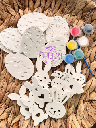 Paste - Set pictura Paste din ceramica cu 8 oua si 8 iepurasi