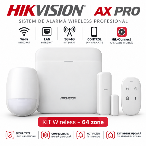Kituri sisteme de alarma - Kit sistem de alarma AX PRO Wireless (868Mhz), LAN + Wi-Fi + GPRS - HIKVISION DS-PWA64-Kit-WE