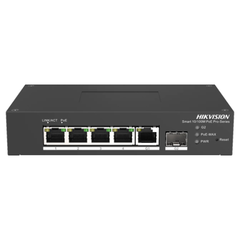 Switch-uri PoE - Switch Smart managed 4 porturi 10/100 Mbps PoE, 1 port Gigabit SFP, 1 port Gigabit RJ45 - HIKVISION DS-3T1306P-SI-HS