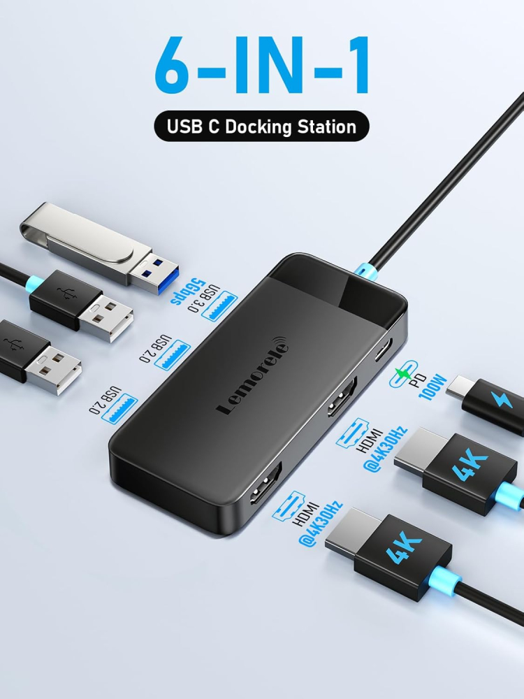 Docking Station Lemorele, Dual Display, 6 in 1 USB C [8]
