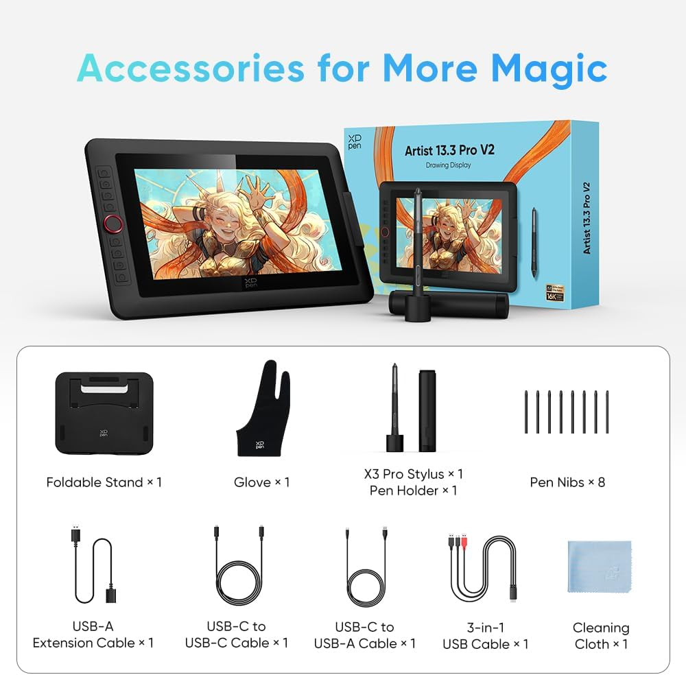 XP-PEN Artist 13.3 Pro V2, 16K X3 Pro Smart Chip Stylus, 99% sRGB, IPS, 16:9, 1920 x 1080, 5080 LPI, PS 16384, 200 RPS, include stand portabil si cablu 3-in-1 [9]