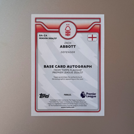 Zach Abbott BA-ZA – Autograph Blue Sparkle /150 – Nottingham Forest – Topps Flagship Premier League 2026/27 [1]