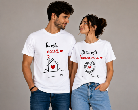 SET TRICOURI CUPLU - Set Tricouri Cuplu Romantic - Tu ești acasă / Și tu ești lumea mea