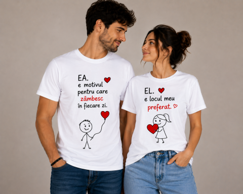 SET TRICOURI CUPLU - Set Tricouri Cuplu – Ea e motivul pentru care zâmbesc / El e locul meu preferat