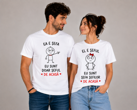 SET TRICOURI CUPLU - Set Tricouri Cuplu Funny – Ea e Șefa / El e Șeful de Acasă