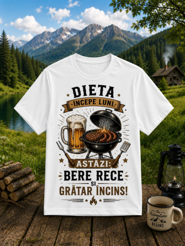 TRICOURI AMUZANTE - Tricou personalizat „Dieta începe luni. Astăzi: Bere Rece și Grătar Încins!”