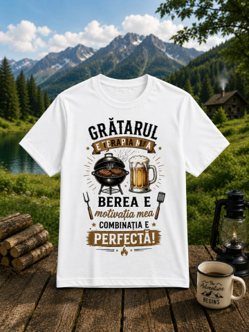 TRICOURI AMUZANTE - Tricou personalizat „Grătarul e terapia mea, Berea e motivația mea”