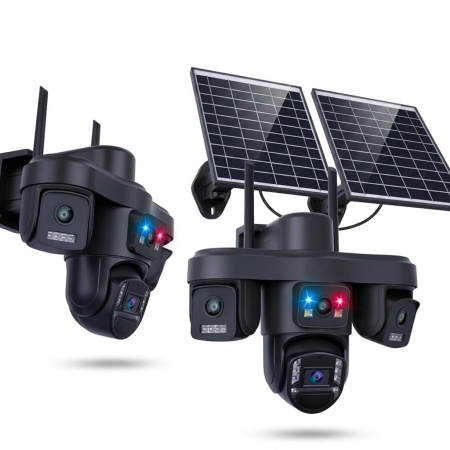 Camere Supraveghere - Camera de Supraveghere 4G Solara cu 4 Lentile, 2 Panouri Solare, PTZ 355°, 12MP, AOV, Detectare Uman, Vedere Nocturna Color, IP66,