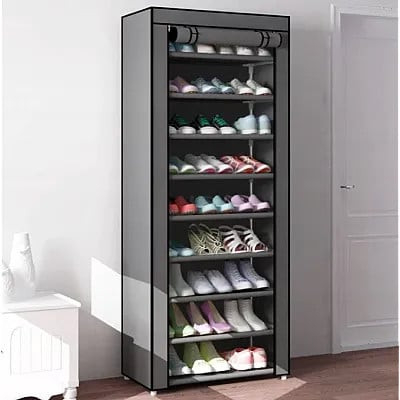 NOUTATI - DULAP MATERIAL TEXTIL SI STRUCTURA METALICA CU 10 RAFTURI PENTRU INCALTAMINTE