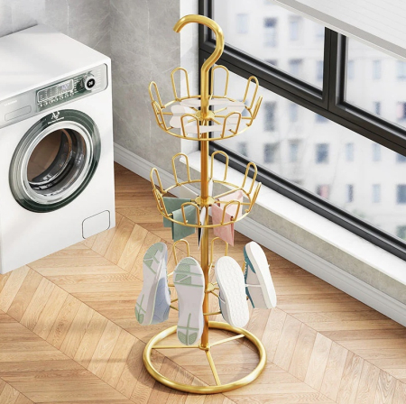 NOUTATI - Organizator Rotativ Pantofi cu Sistem de Agatare 12 Perechi, Suport Vertical 360 Metal Cromat Auriu, 28 x 101 cm