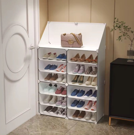 NOUTATI - Pantofar modular 12 rafturi, ALB , organizator incaltaminte cu usi, 85x31x96 cm, usi triple