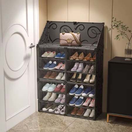 NOUTATI - Pantofar modular 12 rafturi, negru , organizator incaltaminte cu usi, 85x31x96 cm, usi triple