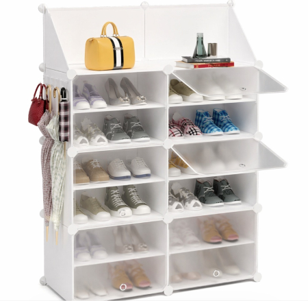 NOUTATI - Pantofar modular 12 rafturi, organizator incaltaminte cu usi, 85x31x96 cm, alb, usi duble