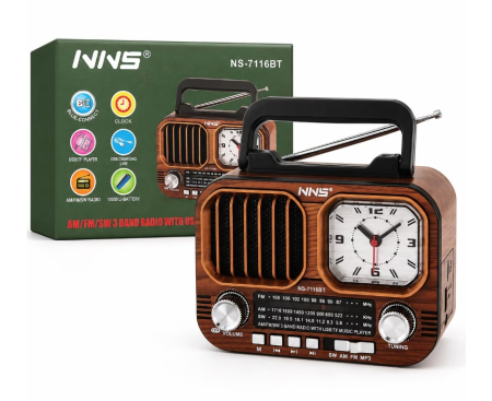 NOUTATI - Radio Portabil Retro NNS NS-7116BT, Bluetooth, Ceas Analogic, USB/TF, MP3, AM/FM/SW, Baterie 18650 1200 mAh