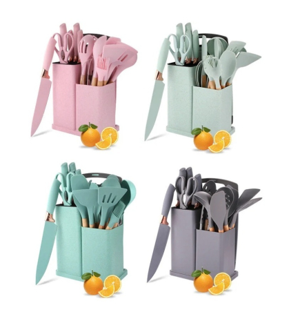 NOUTATI - Set 19 ustensile pentru bucatarie din silicon, cu maner de lemn, suport si tocator