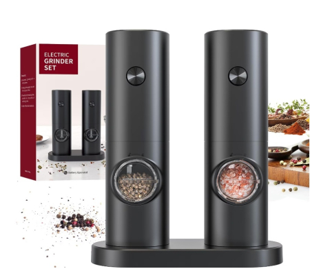 NOUTATI - Set electric de rasnite pentru sare si piper, 2 bucati, negru, cu suport, functionare automata, ajustare grosime, 70ml