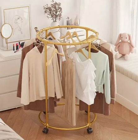 NOUTATI - Suport Rotund pentru Haine din Otel Inoxidabil, 130 cm, cu Roti Pivotante, Capacitate 40 kg, Auriu