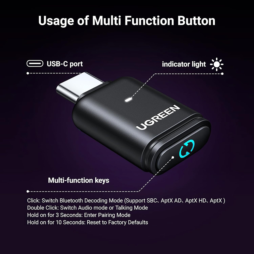Adaptor BT5.3, USB-C, Plug&Play, Chip APTX - Ugreen BT501 (45008) - Black [8]